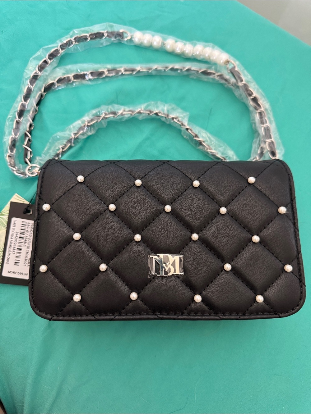 Badgley Mischka Black Quilted Crossbody with Pearl Studs